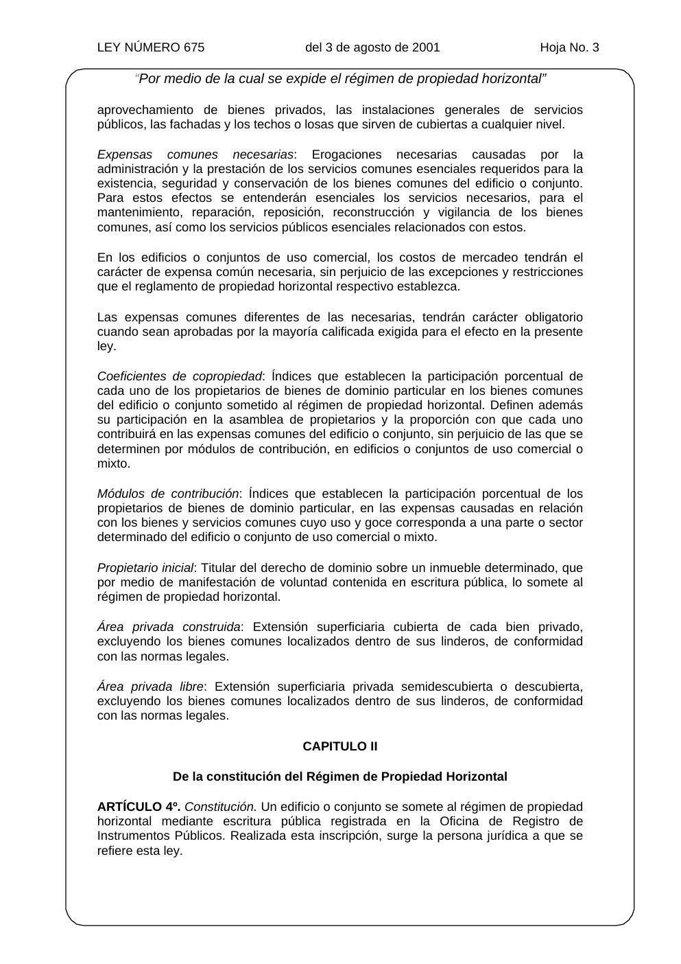 Ley 675 de 2001, hoja oficial 3 de 31