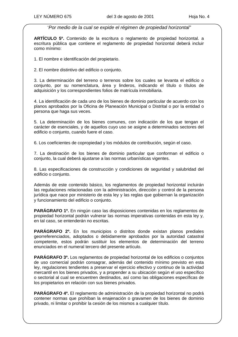 Ley 675 de 2001, hoja oficial 4 de 31