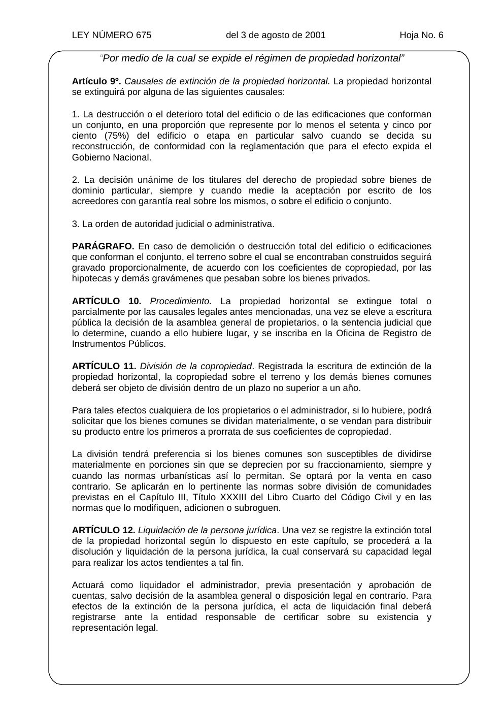Ley 675 de 2001, hoja oficial 6 de 31