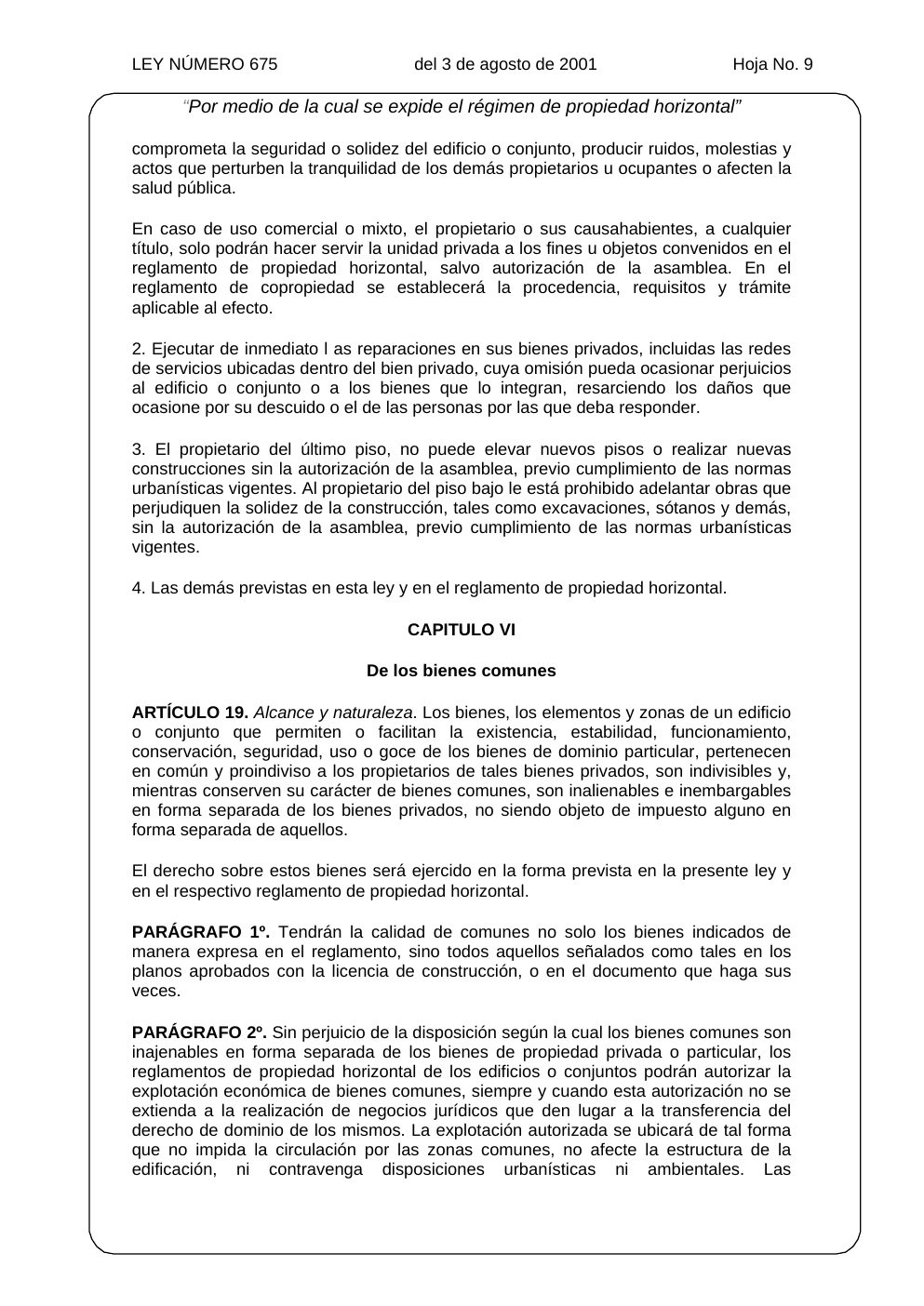 Ley 675 de 2001, hoja oficial 9 de 31