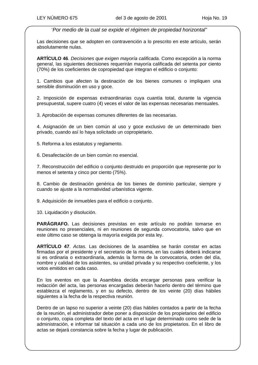 Ley 675 de 2001, hoja oficial 19 de 31
