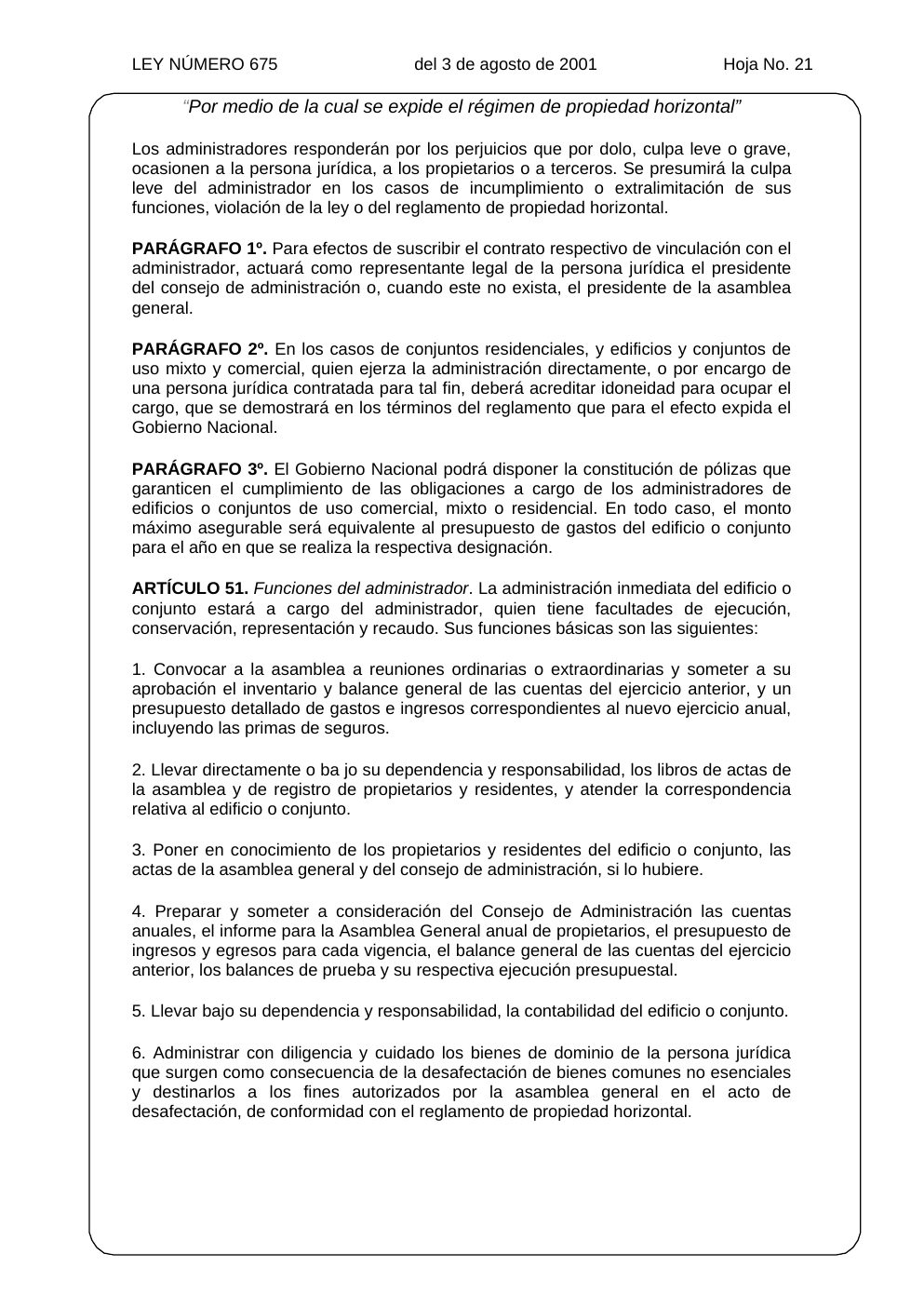 Ley 675 de 2001, hoja oficial 21 de 31