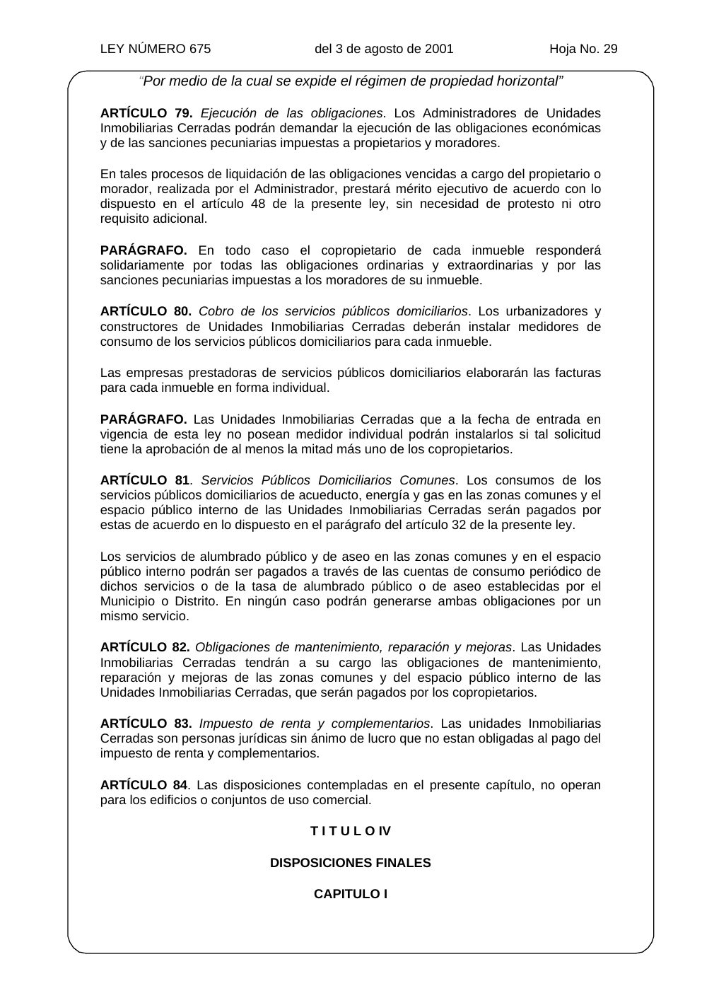 Ley 675 de 2001, hoja oficial 29 de 31